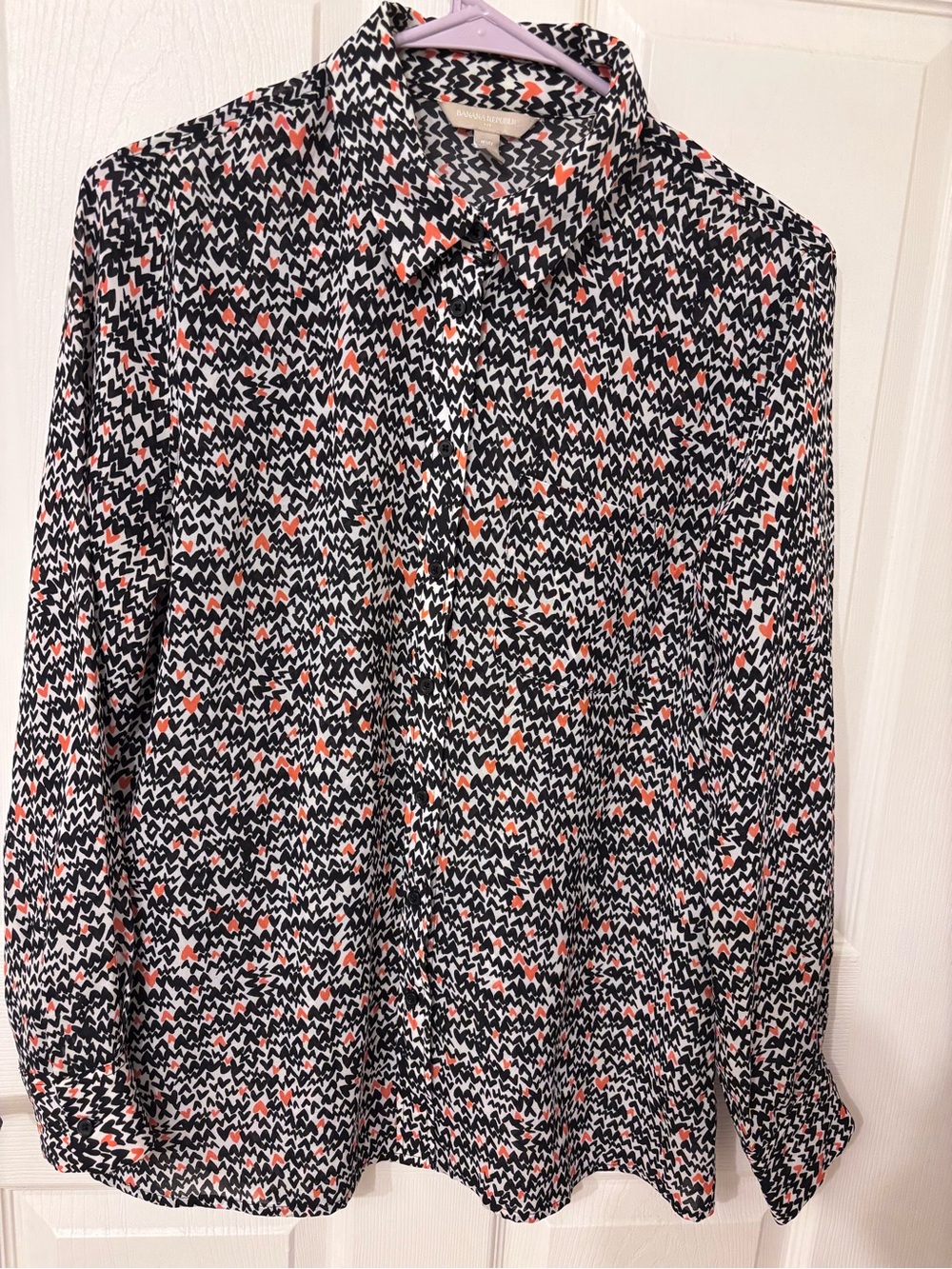 Banana Republic Black, White & Coral Abstract Heart  Print Button-Down Shirt
